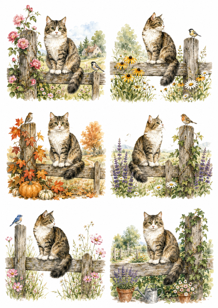 Rice Paper For Decoupage Cat Sitting on the Garden Gate Collage  Cat. No. 10183