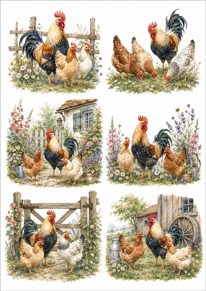 Rice Paper For Decoupage Rooster &amp; Hens  Collage  Cat. No. 10184