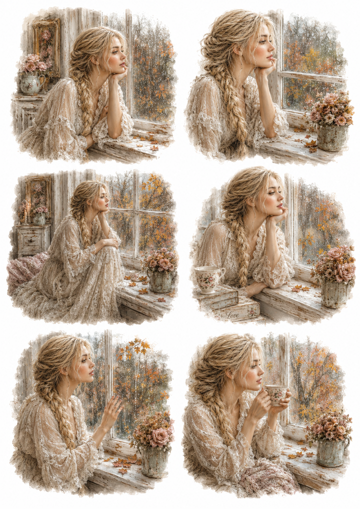 Rice Paper For Decoupage Waiting for Autumn Nostalgic Girl  Collage Cat. No. 10191