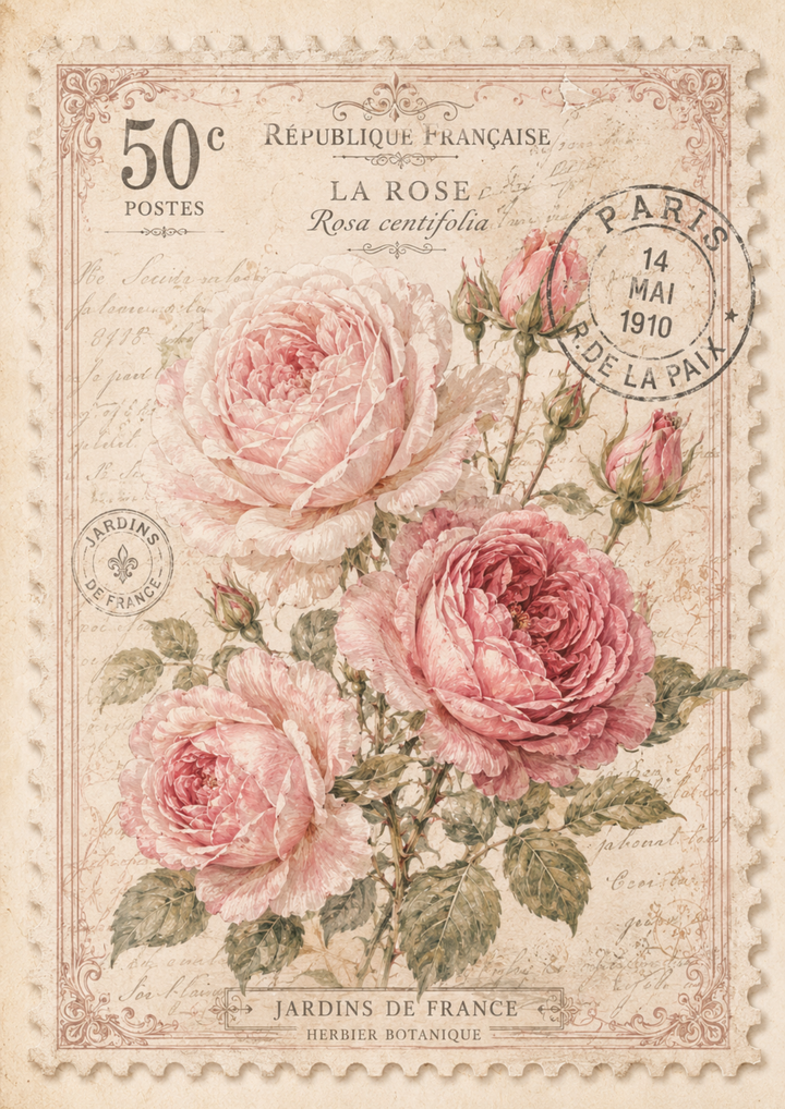 Rice Paper For Decoupage Vintage Pink Rose Stamp Full Cat. No. 10198
