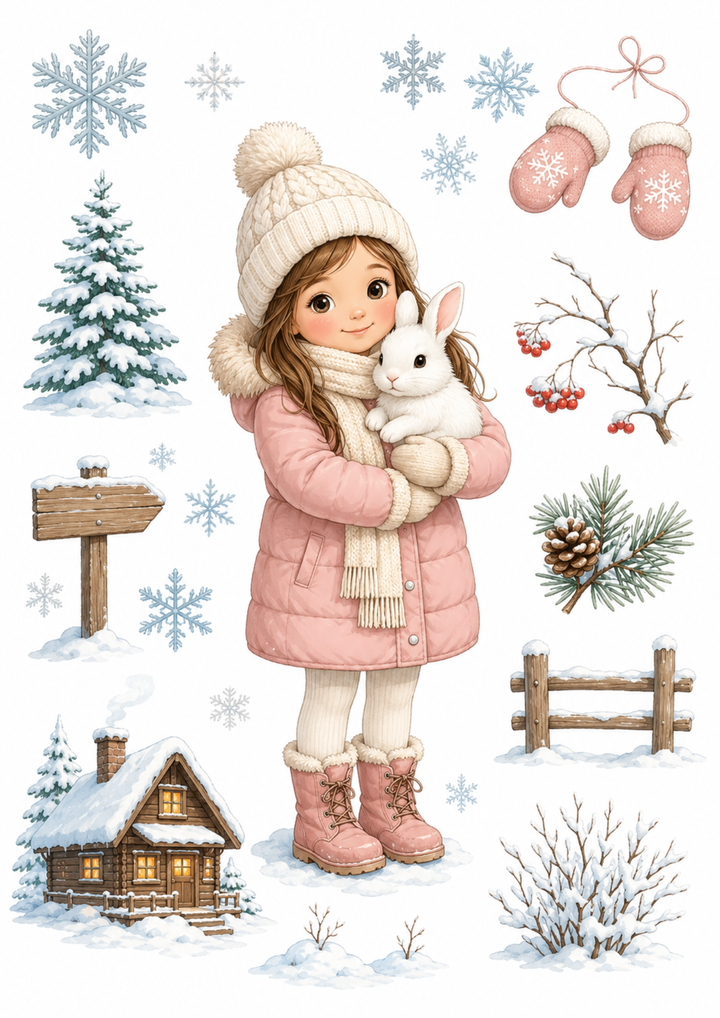 Rice Paper For Decoupage Winter Girl with Rabbit Collage  Cat. No. 10206