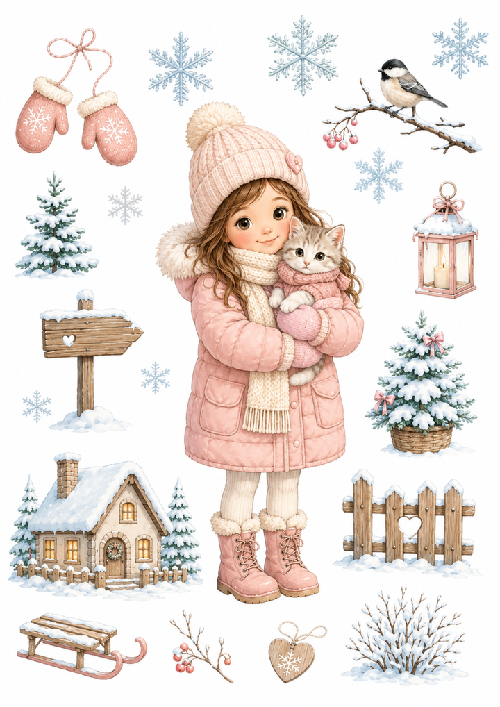 Rice Paper For Decoupage Winter Girl with Cat Collage  Cat. No. 10207