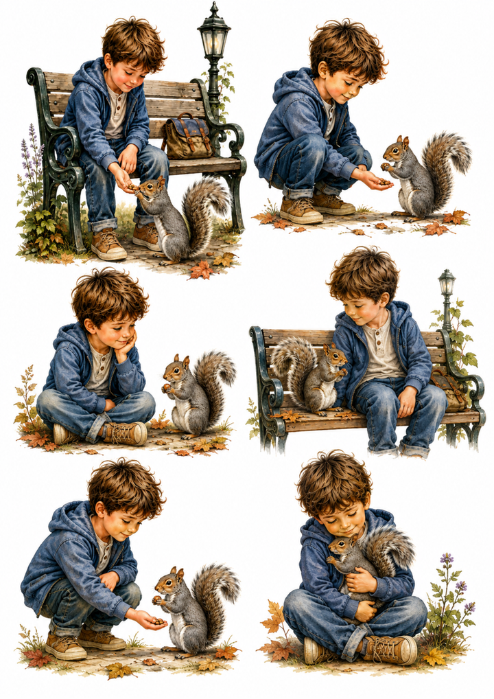 Rice Paper For Decoupage Boy &amp; Squirrel at Park  Collage Cat. No. 10236