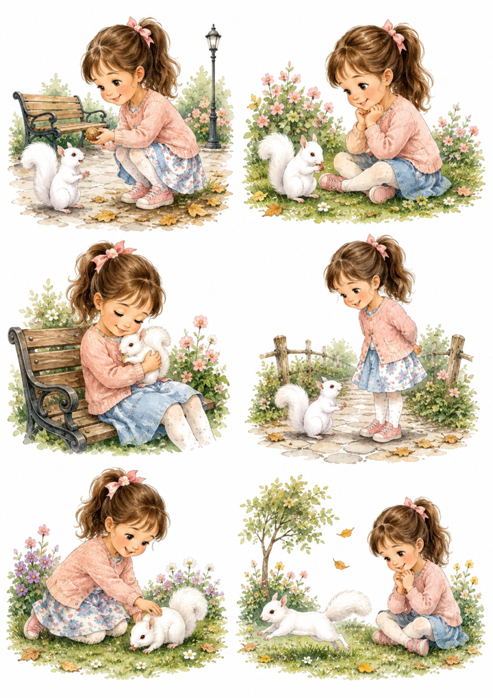 Rice Paper For Decoupage Girl &amp; White Squirrel at Park  Collage Cat. No. 10237