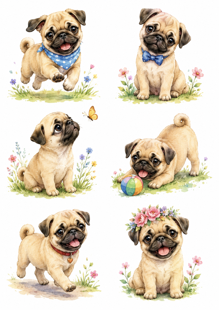 Rice Paper For Decoupage Cute Pug Puppy Collage Cat. No. 10240