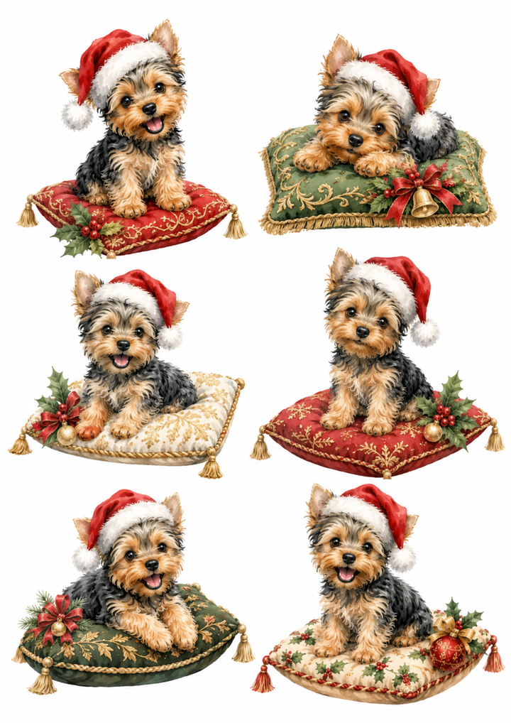 Rice Paper For Decoupage Yorkie Little Santa Collage Cat. No. 10243