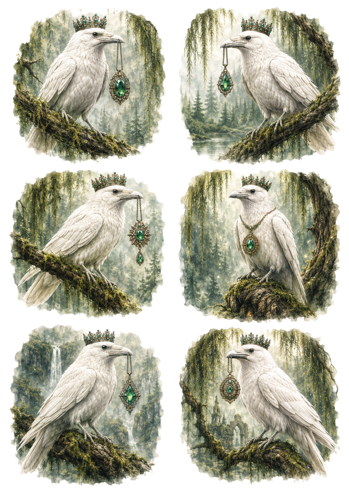 Rice Paper For Decoupage Rare White Raven Collage Cat. No. 10293