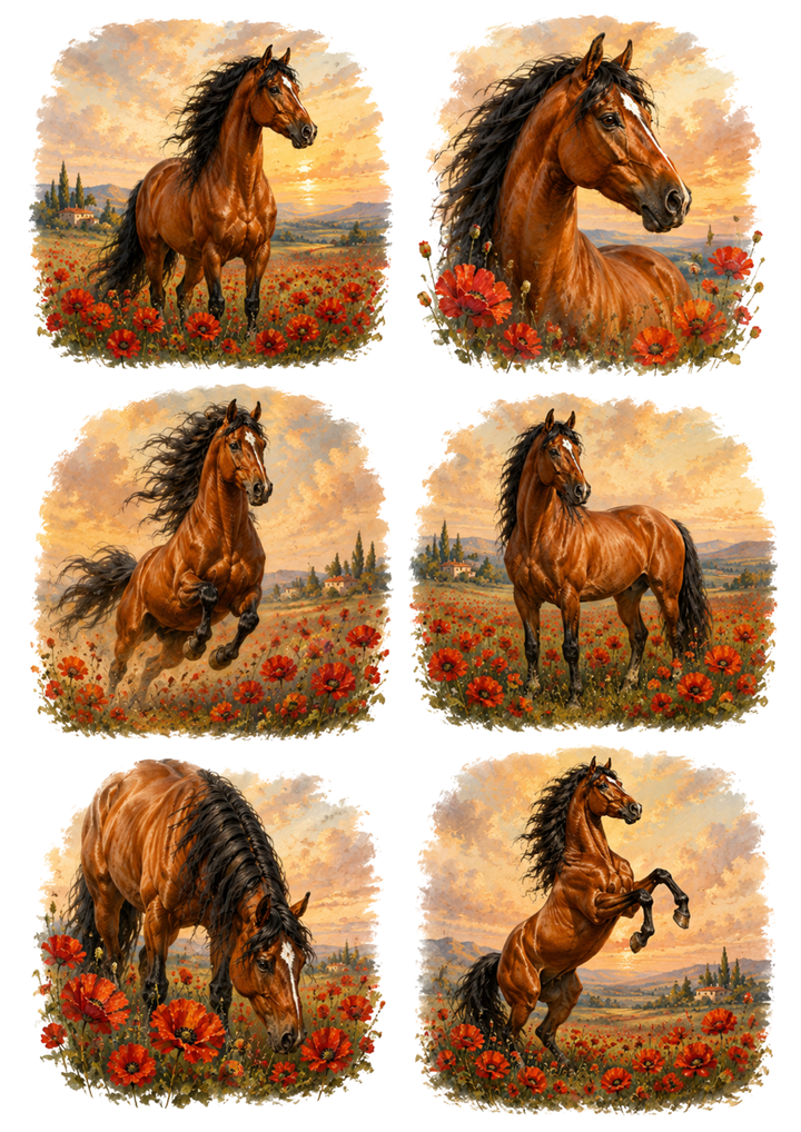Rice Paper For Decoupage Majestic Horse in the Poppy Meadow Collage Cat. No. 10303