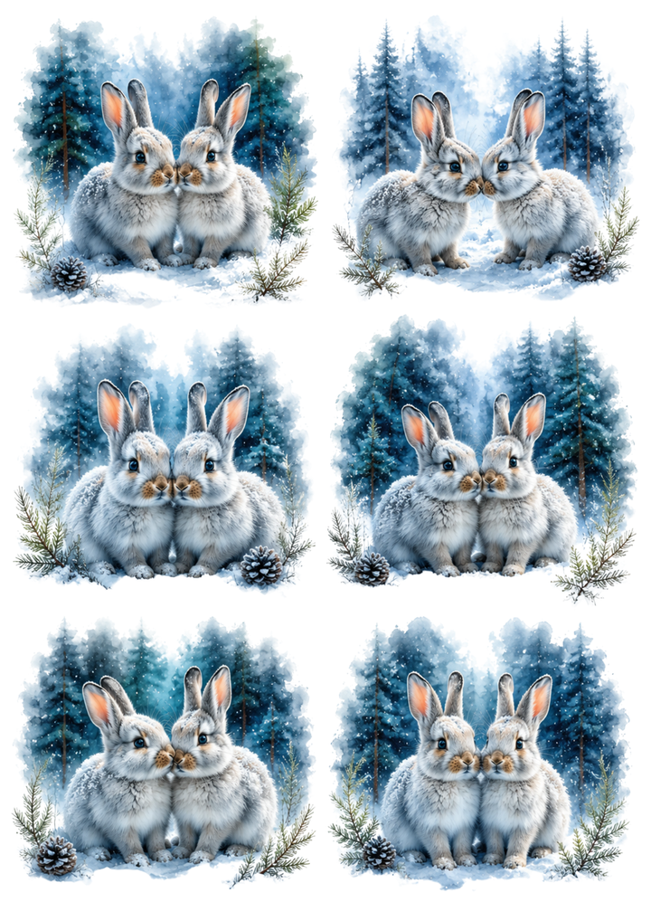 Rice Paper For Decoupage Cute White Winter Rabbits Collage Cat. No. 10306