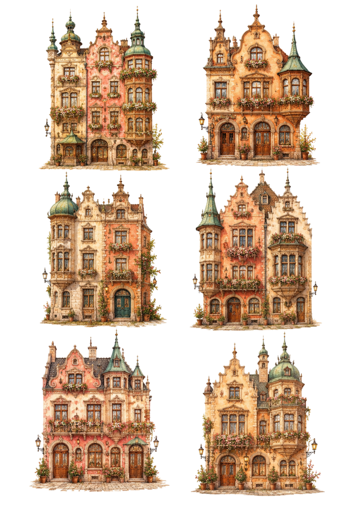 Rice Paper For Decoupage Ornate Pastel European Townhouses Collage Cat. No. 10325