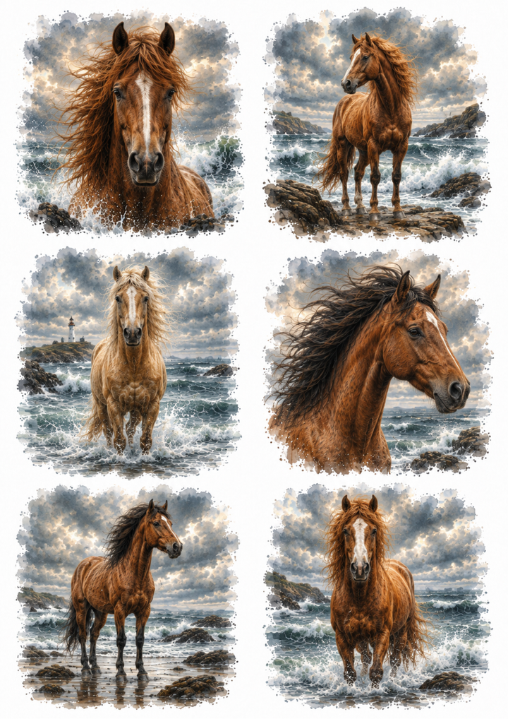 Rice Paper For Decoupage Dramatic Ocean &amp; Majestic Horse Collage Cat. No. 10328