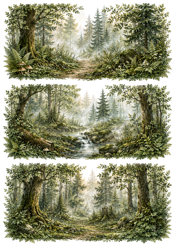 Rice Paper For Decoupage Green Misty Woodland Collage Cat. No. 10354