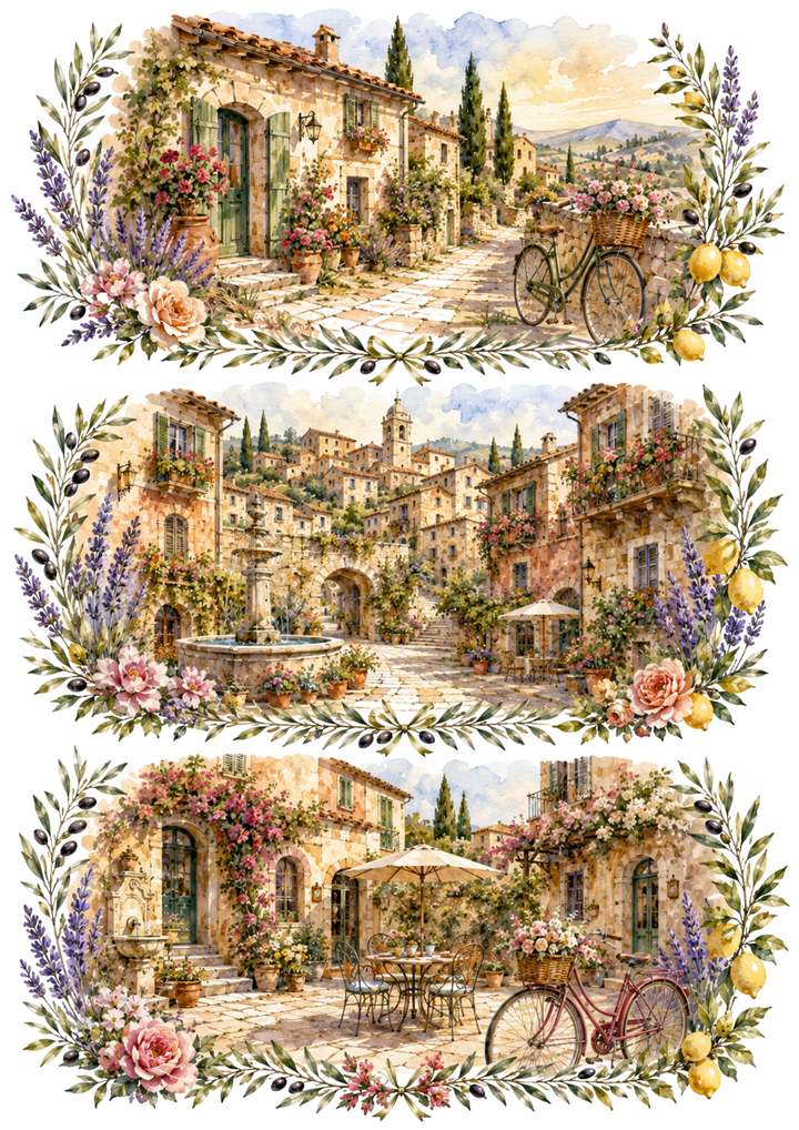 Rice Paper For Decoupage  Italy Villages in Bloom Collage Cat. No. 10357