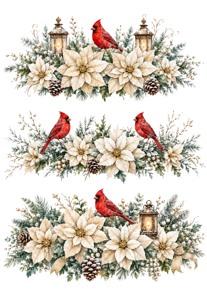 Rice Paper For Decoupage  Snowy Cardinal Christmas Garlands  Collage Cat. No. 10361