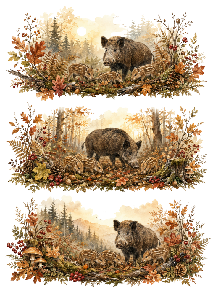 Rice Paper For Decoupage  Autumn Boar Family Forest Vignettes Collage Cat. No. 10364