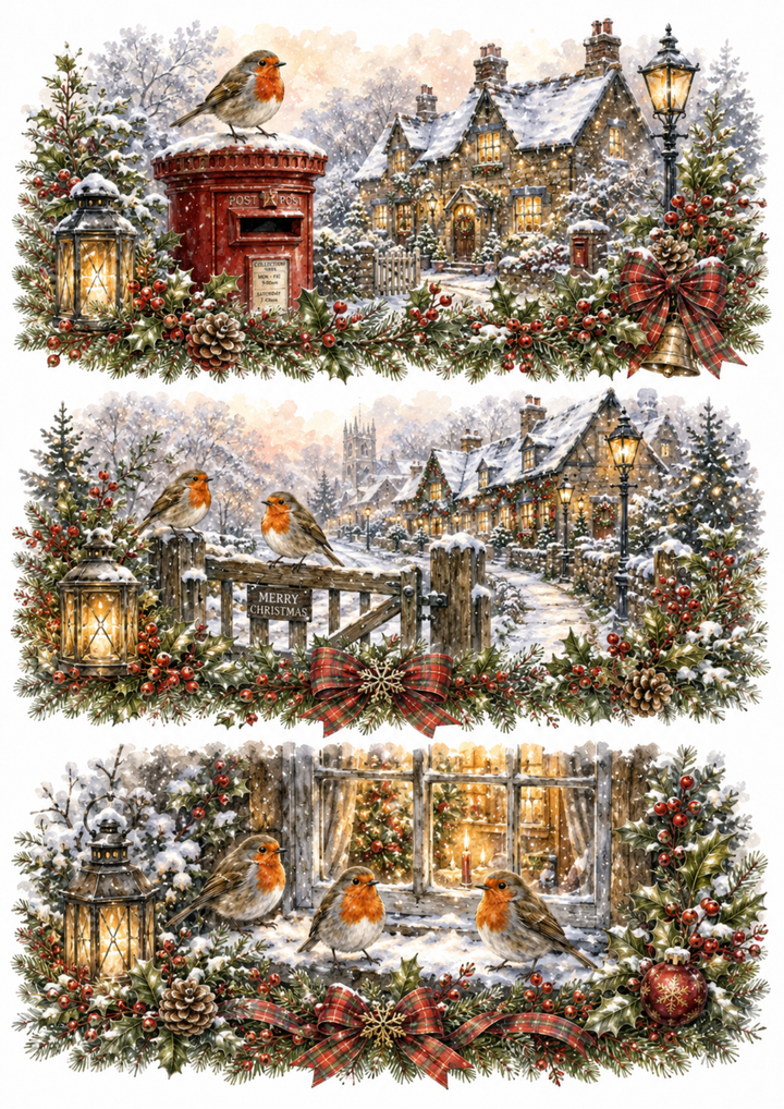 Rice Paper For Decoupage Robins and Christmas Cottage Vignettes Collage Cat. No. 10371