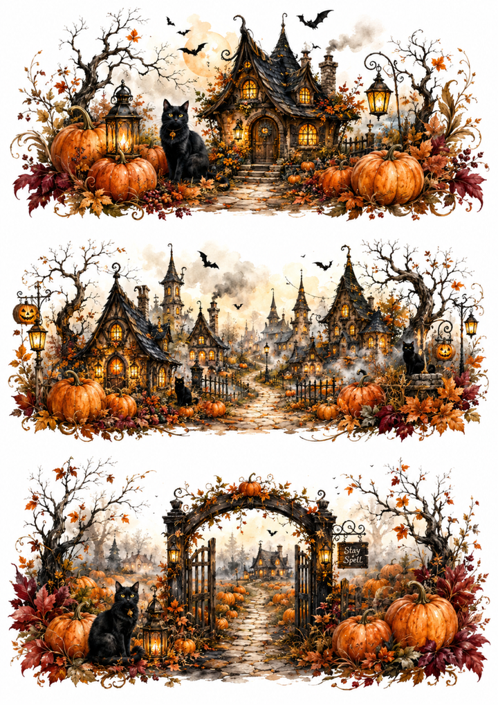 Rice Paper For Decoupage Whimsical Haunted Pumpkin Village Collage Cat. No. 10374