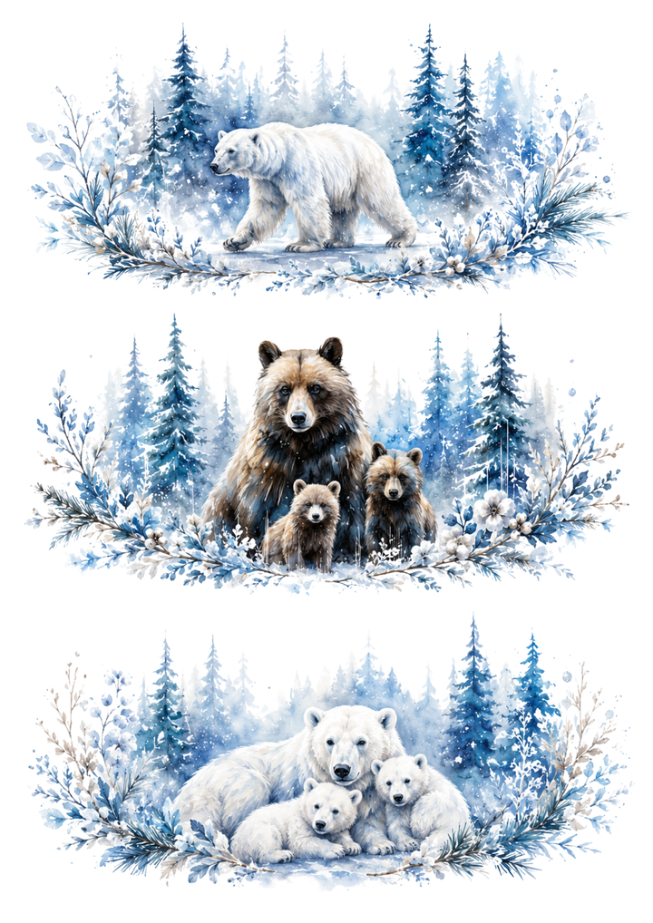 Rice Paper For Decoupage Bear Winter Wildlife Triptych Collage Cat. No. 10379