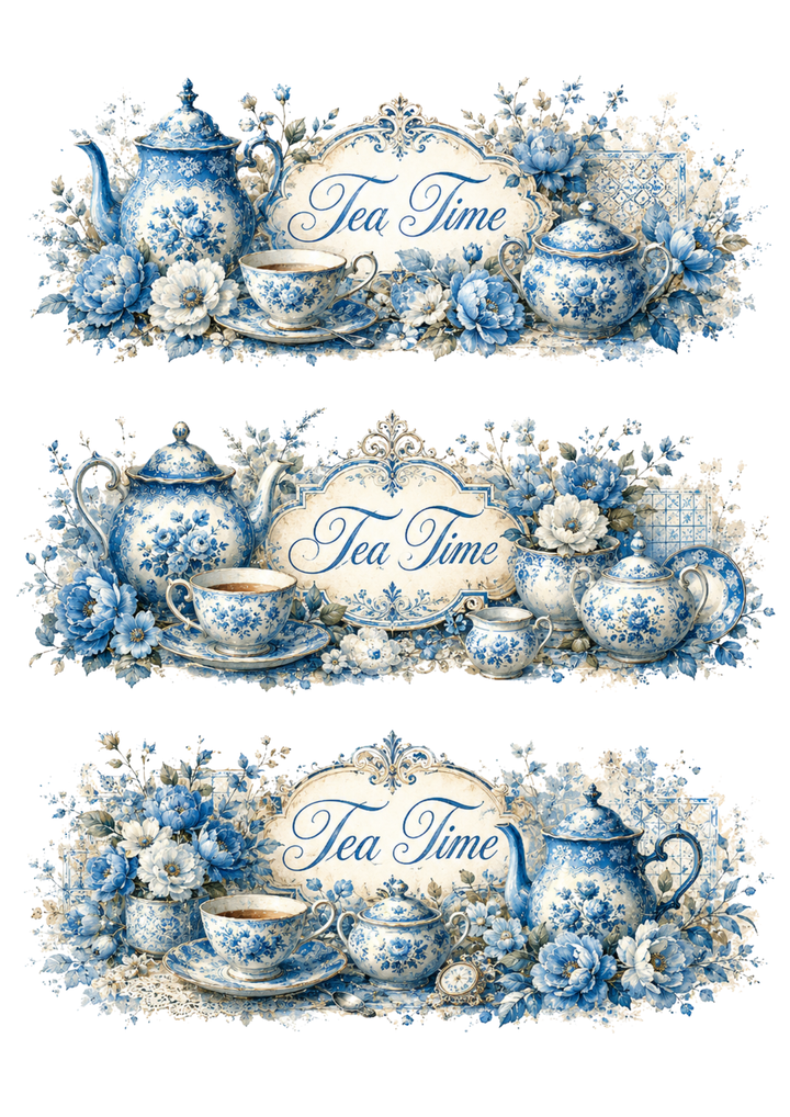 Rice Paper For Decoupage Vintage Blue-and-White Tea Time Banners Collage Cat. No. 10392