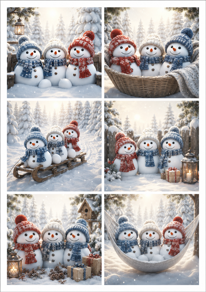Rice Paper For Decoupage  Cozy Snowmen in the Snow Collage Cat. No. 10422