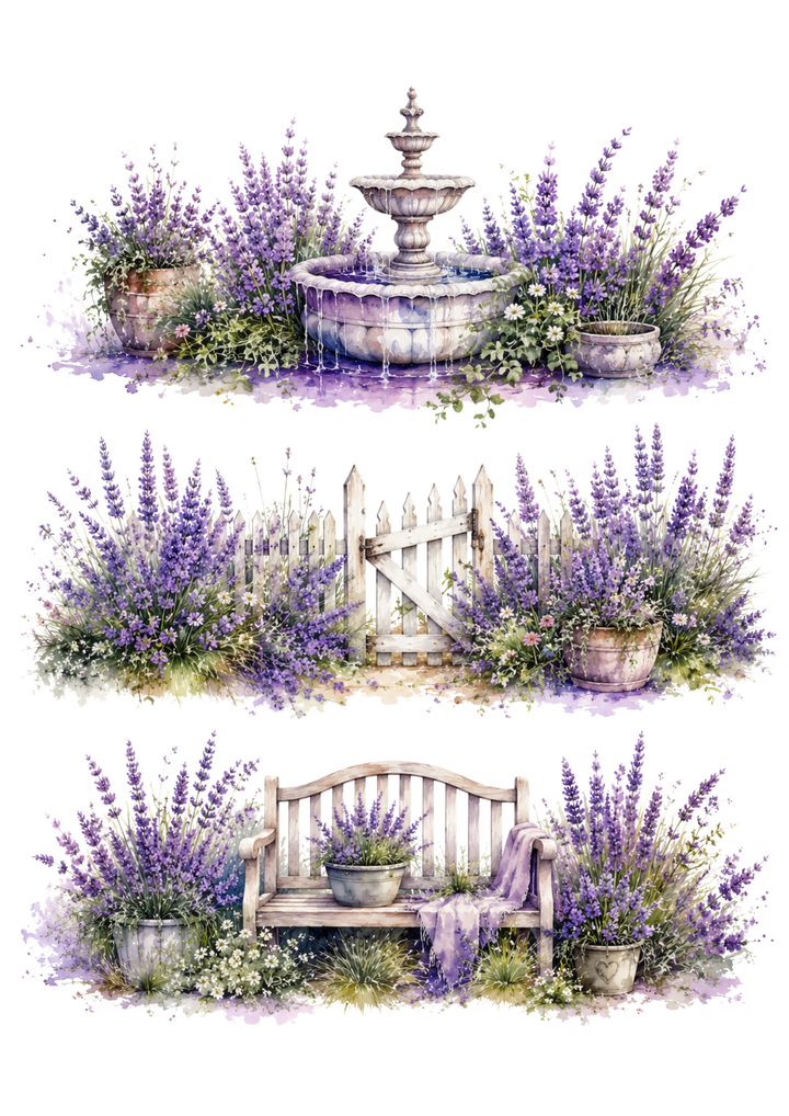 Rice Paper For Decoupage Lavender Vintage Garden  Collage Cat. No. 10436