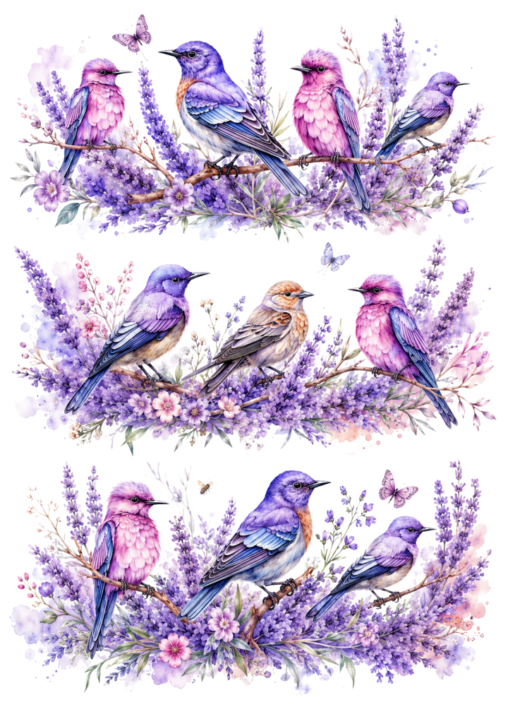Rice Paper For Decoupage Purple Garden Songbirds  Collage Cat. No. 10437