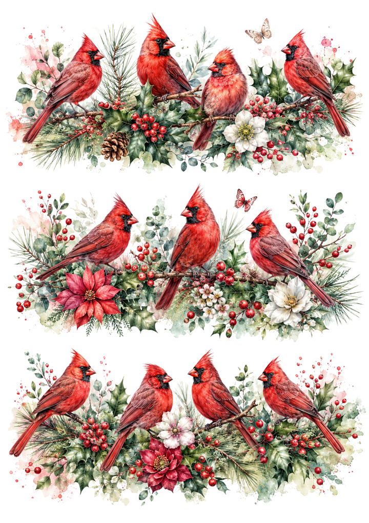 Rice Paper For Decoupage Winter Red Cardinals  Collage Cat. No. 10438