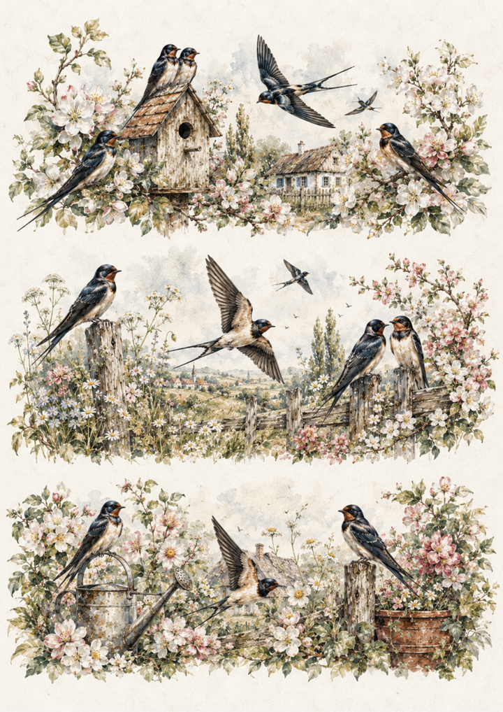 Rice Paper For Decoupage Spring Swallows in the Country Garden Collage Cat. No. 10440