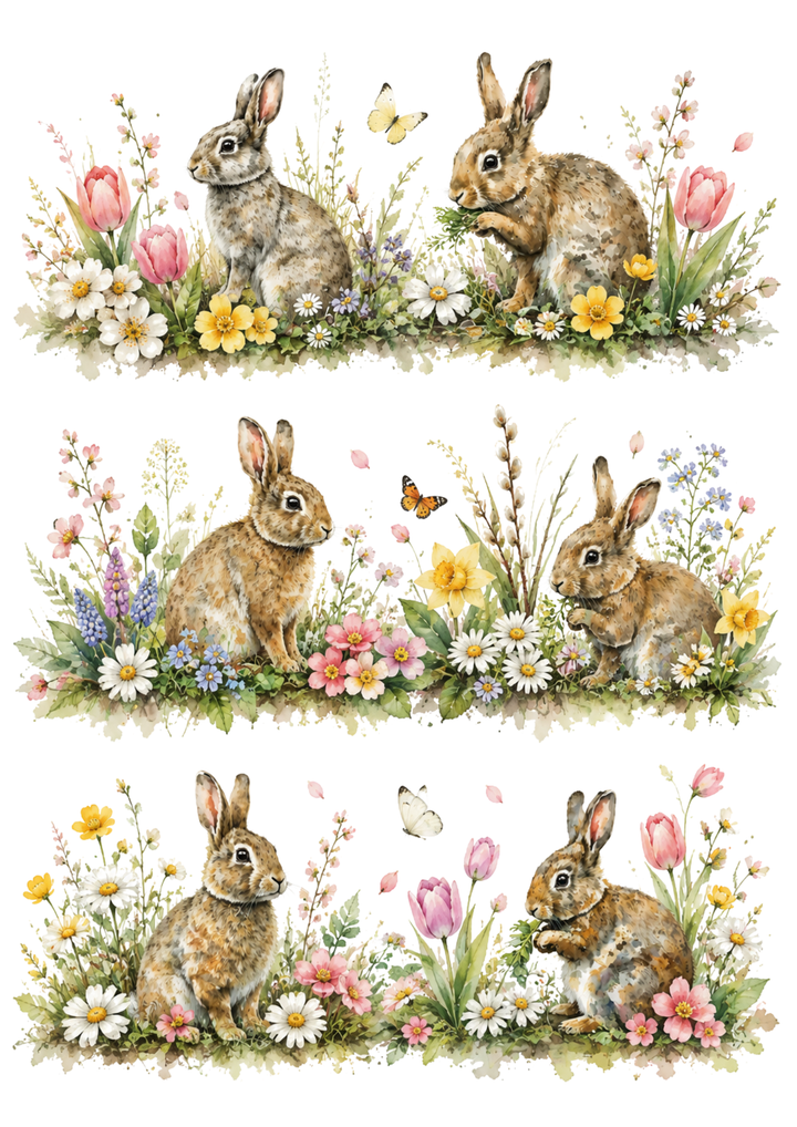 Rice Paper For Decoupage Spring Rabbits in the Country Garden Collage Cat. No 10441