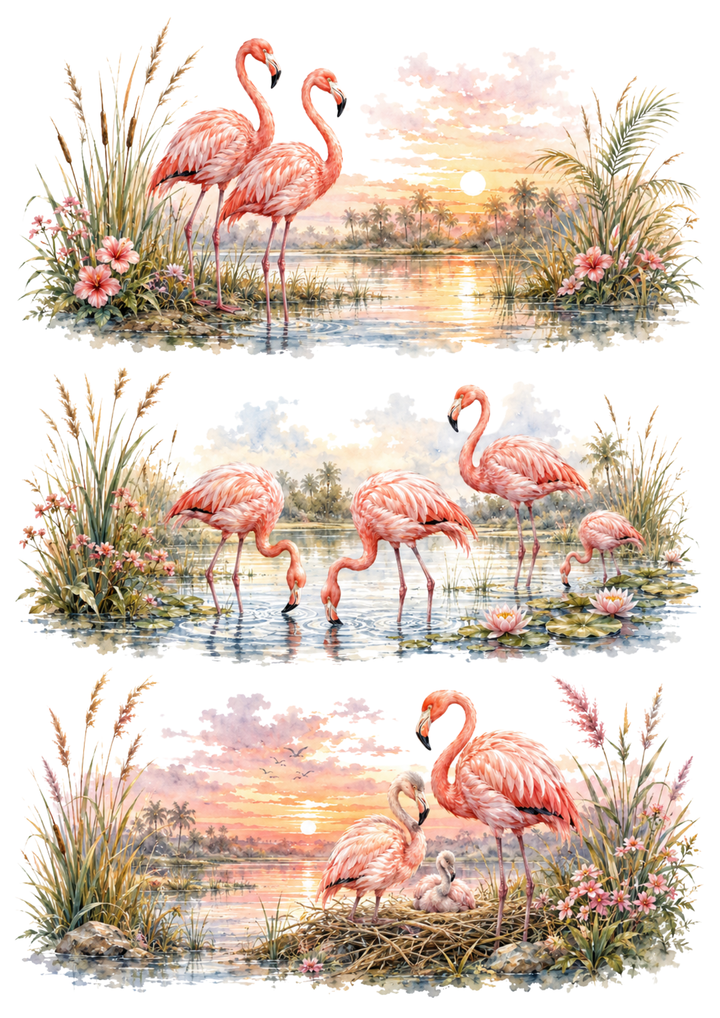 Rice Paper For Decoupage Pink Flamingos at Sunset Collage Cat. No 10443