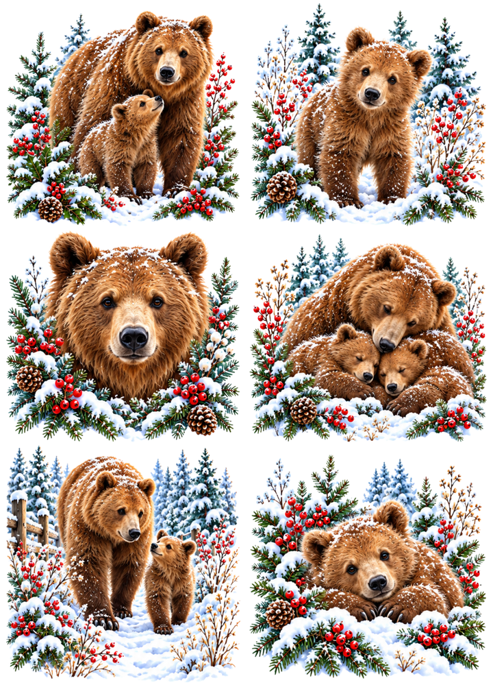 Rice Paper For Decoupage Winter Bear Scene Collage Cat. No 10470