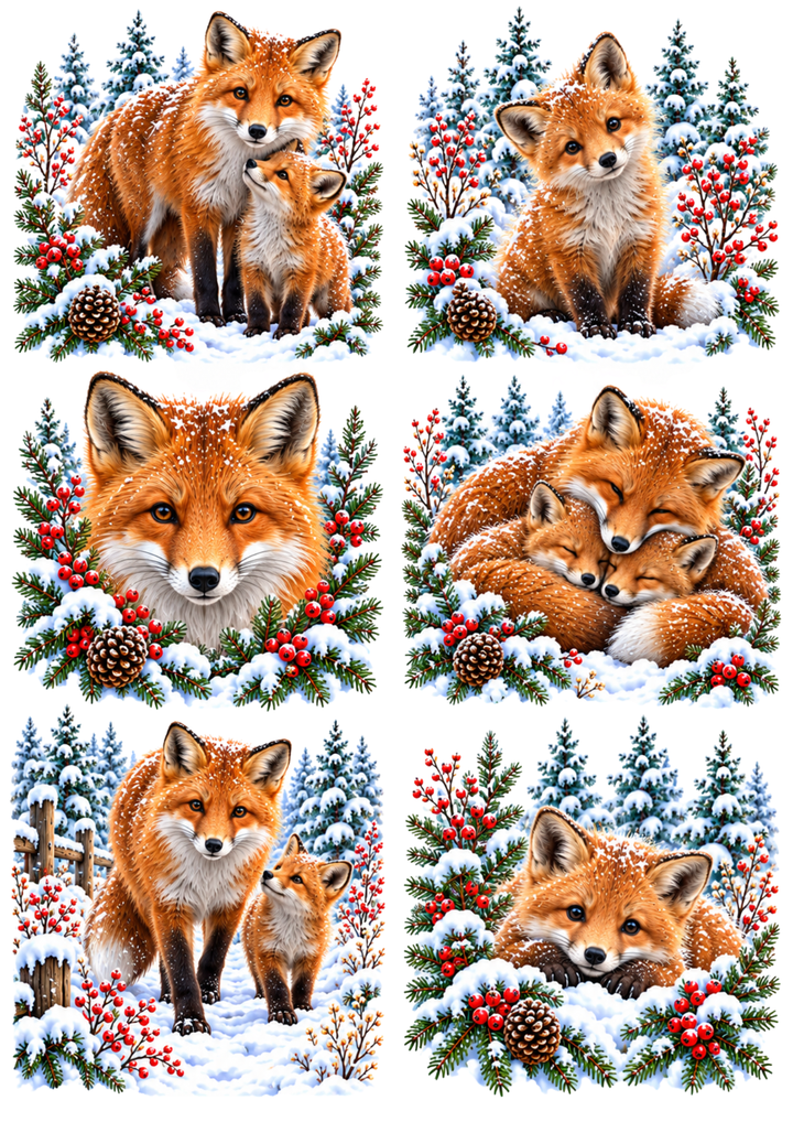 Rice Paper For Decoupage Winter Fox Scene Collage Cat. No 10471