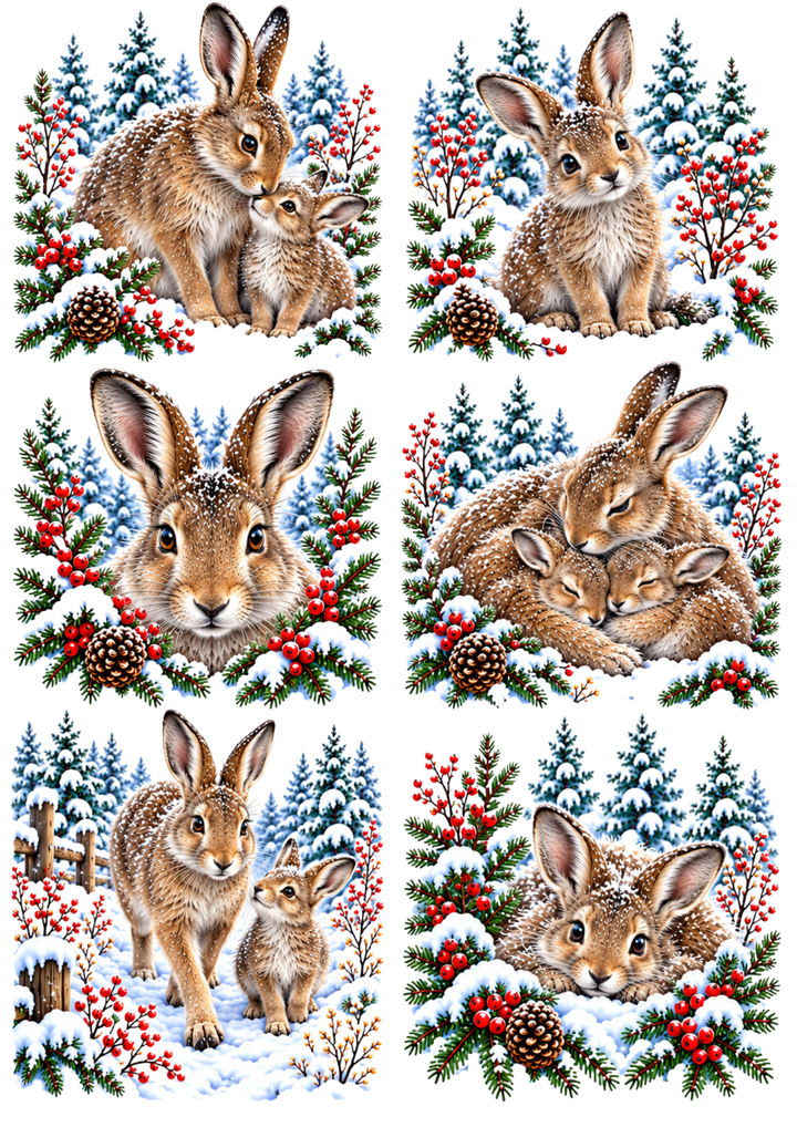 Rice Paper For Decoupage Winter Rabbit Family Scene Collage Cat. No 10473