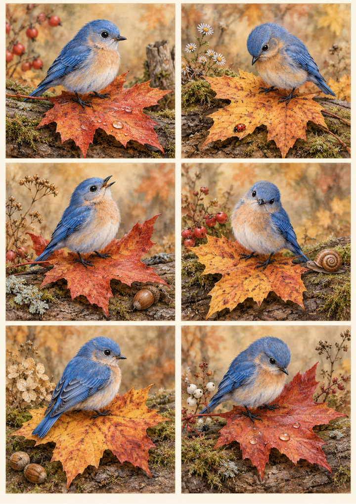 Rice Paper For Decoupage Autumn Bluebird on Maple Leaves Collage Cat. No 10513