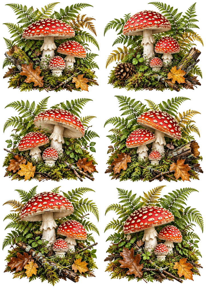 Rice Paper For Decoupage Forest of Fly Agarics Collage Cat. No 10522