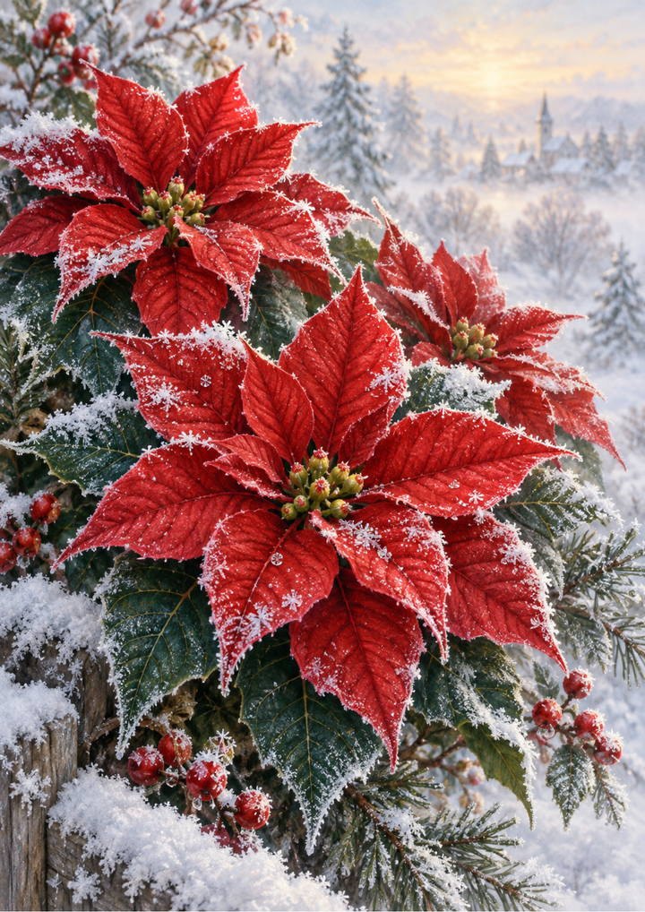 Rice Paper For Decoupage Frosted Christmas Poinsettias Full  Cat. No 10616