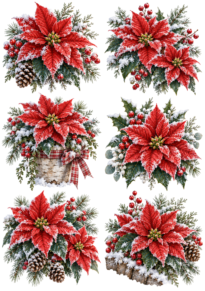 Rice Paper For Decoupage Frosted Poinsettia Holiday Botanical Collage Cat. No 10617