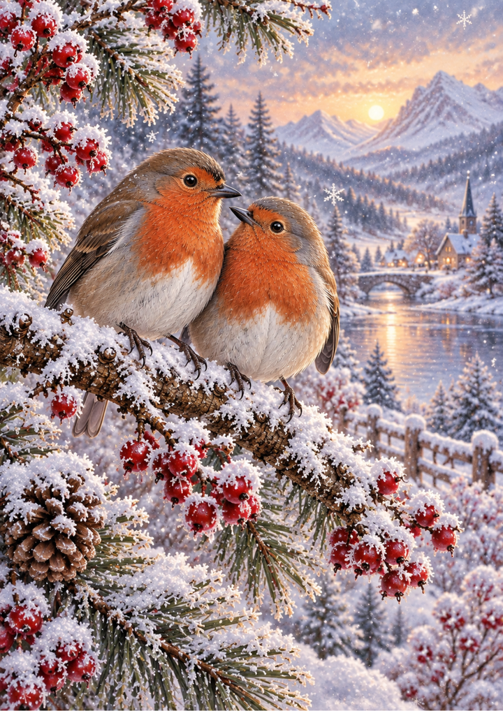 Rice Paper For Decoupage Snowy Robin Companions at Sunset Cat. No 10618