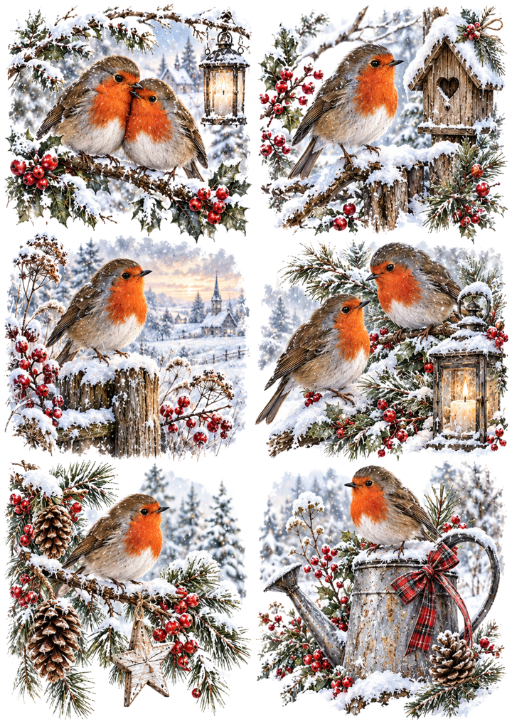 Rice Paper For Decoupage Watercolour Robin Winter Vignettes Collage Cat. No 10619