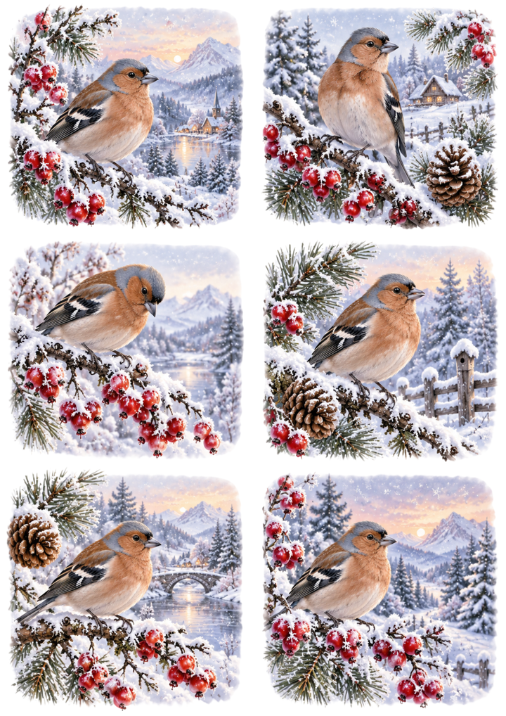 Rice Paper For Decoupage Winter Finch Postcard Collage Cat. No 10621