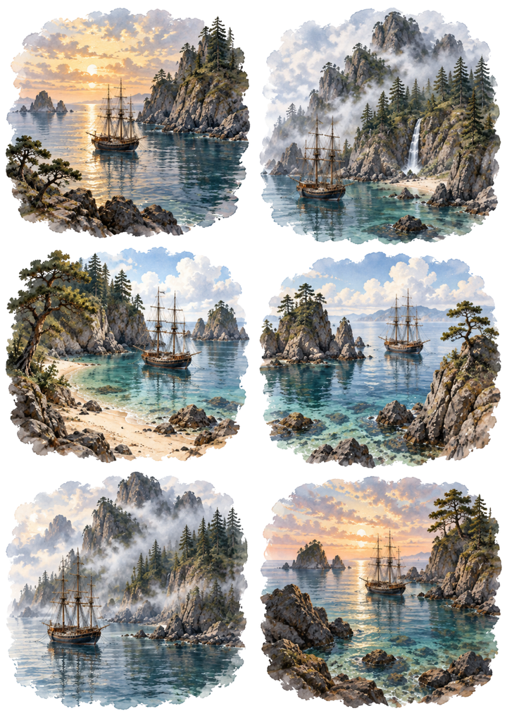 Rice Paper For Decoupage Watercolour Tall-Ship Seascapes Collage  Cat. No 10648