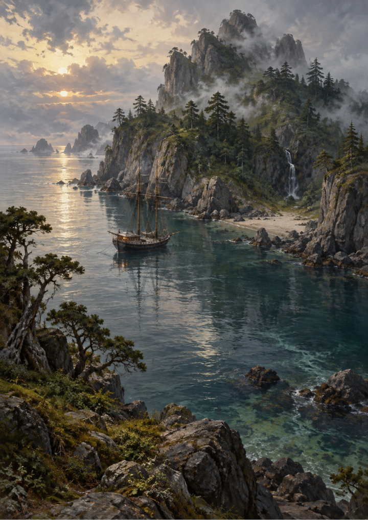 Rice Paper For Decoupage Misty Fjord with a Lantern-Lit Tall Ship Full  Cat. No 10649