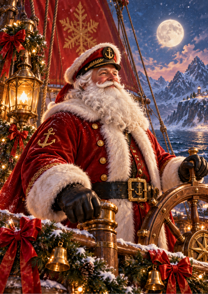 Rice Paper For Decoupage Moonlit Santa Captain at Sea Full Cat. No 10654