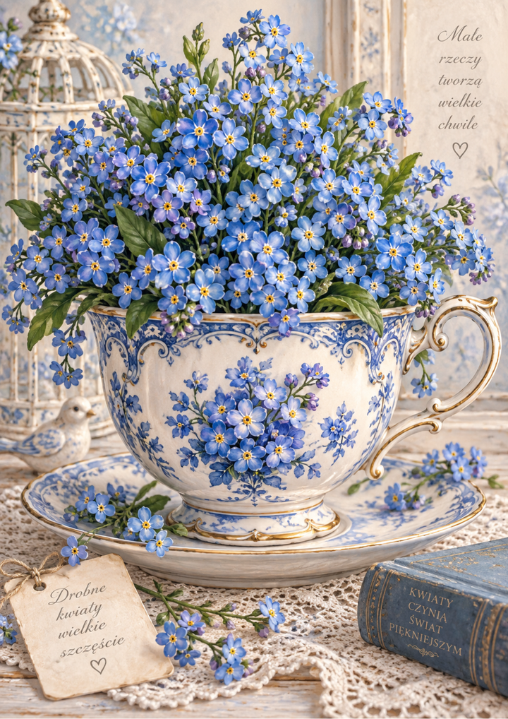 Rice Paper For Decoupage  Forget-Me-Not Teacup of Happiness Full Cat. No 10701