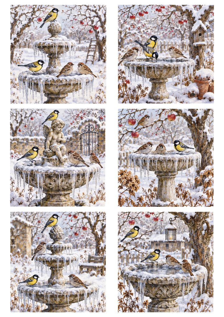 Rice Paper For Decoupage Winter Birds at the Frozen Fountain Collage Cat. No 10703