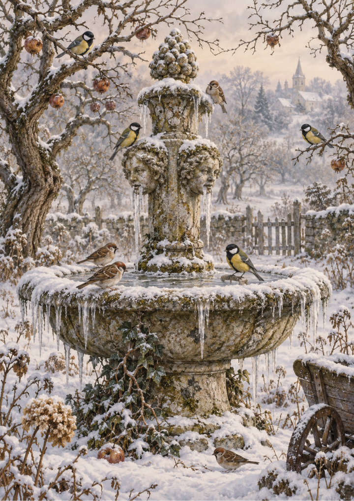 Rice Paper For Decoupage Snowbound Fountain in a Misty Orchard Full Cat. No 10704
