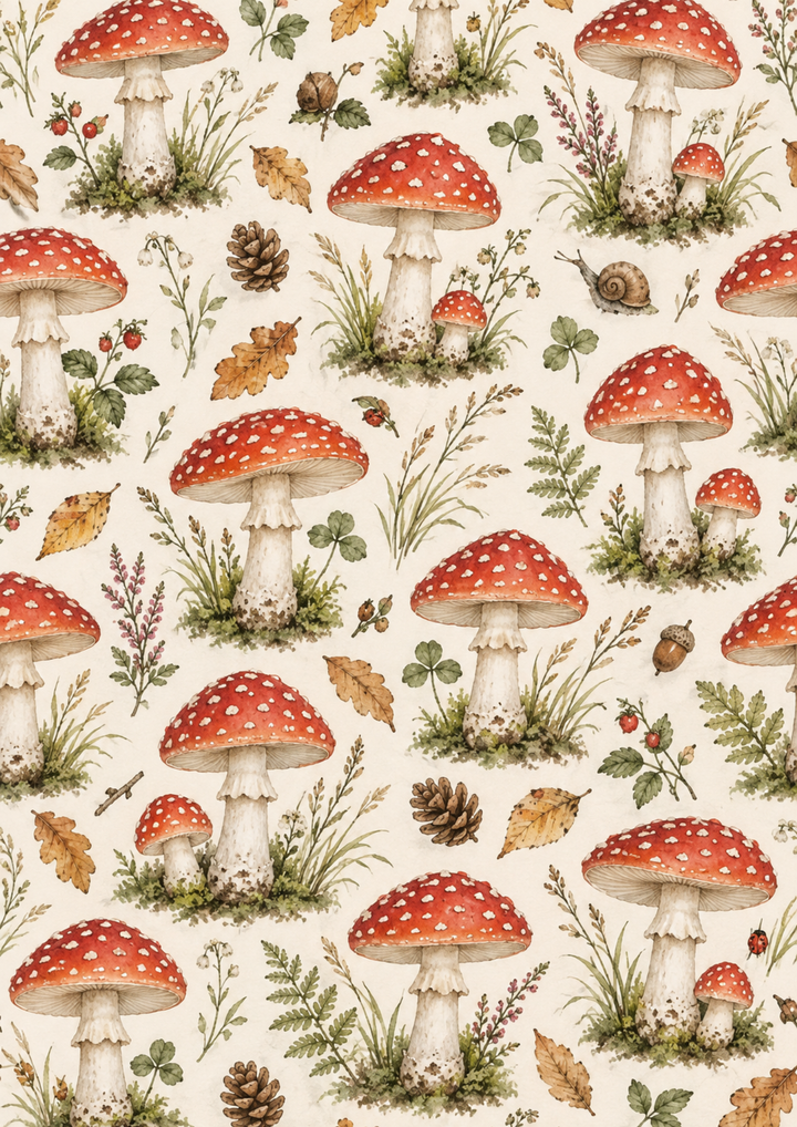 Rice Paper For Decoupage Watercolour Toadstools and Woodland Sprigs Full Cat. No 10712