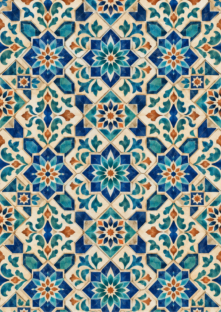 Rice Paper For Decoupage Moroccan Blue and Teal Tile Mosaic Background Full Cat. No 10718