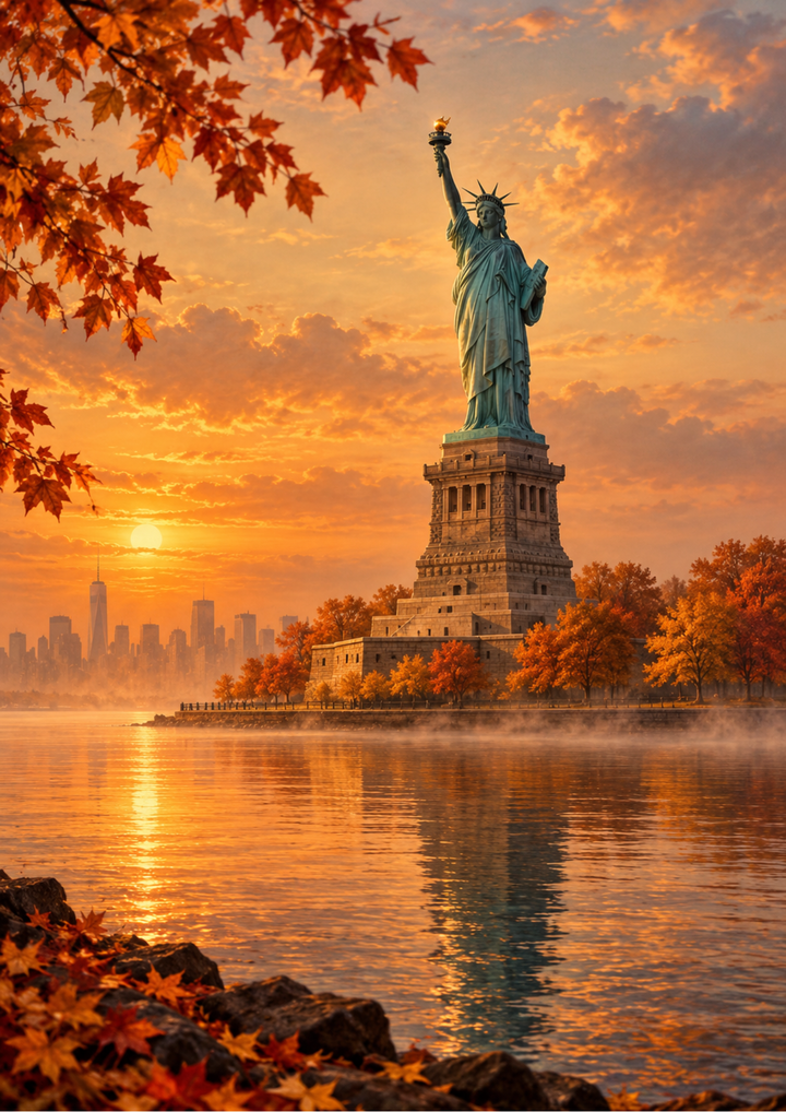 Rice Paper For Decoupage Autumn Sunset over the Statue of Liberty Full  Cat. No 10741