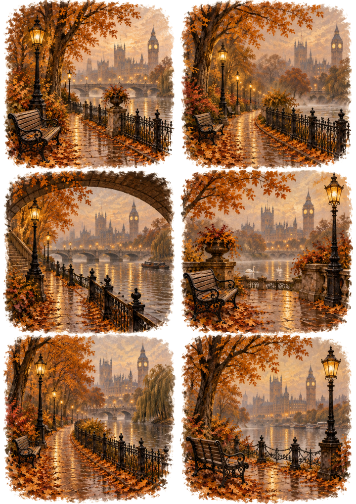 Rice Paper For Decoupage Misty Autumn London Park Vignettes Collage Cat. No 10746
